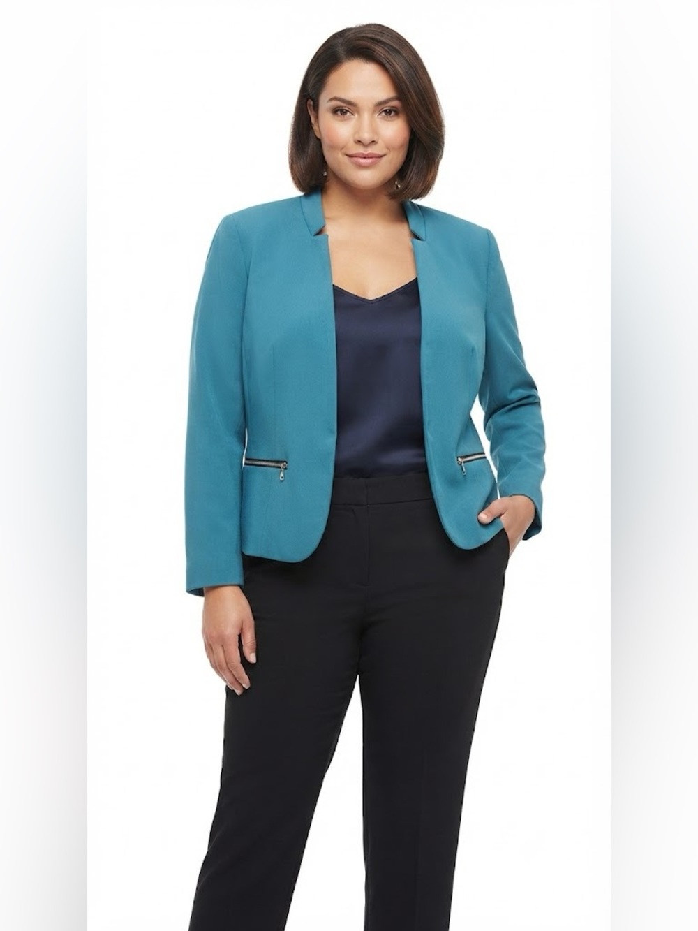 NWOT Nine West Teal Open-Front Zip-Pocket Blazer